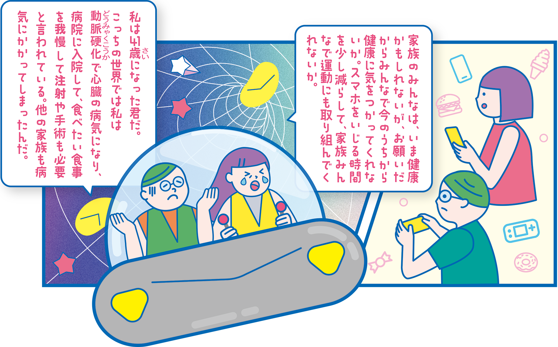 私は41歳になった君だ。こっちの世界では私は動脈硬化で心臓の病気になり、病院に入院して、食べたい食事を我慢して注射や手術も必要と言われている。他の家族も病気にかかってしまったんだ。家族のみんなは、いま健康かもしれないが、お願いだからみんなで今のうちから健康に気をつかってくれないか。スマホをいじる時間を少し減らして、家族みんなで運動にも取り組んでくれないか。